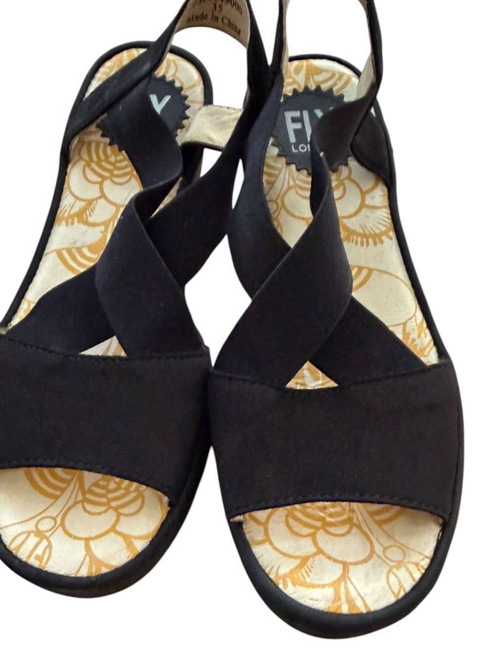 Fly London Yaji888fly Black Leather Crisscross Elastic Wedge Sandals Sz 35 US 5 - Picture 4 of 9
